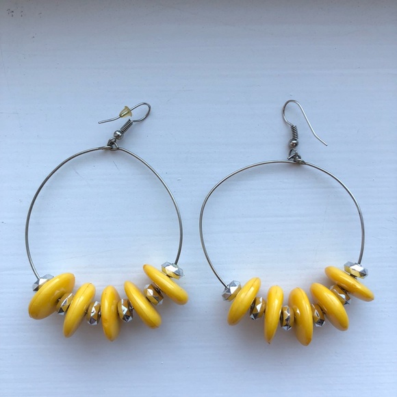 Chic yellow & silver beaded drop hoop earrings - Picture 7 of 7